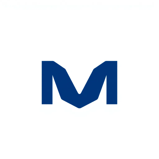 bold M logo mark, solid geometric letter, structured layers, subtle thin horizontal connector lines, indigo on white, modern minimal SaaS branding, flat vector, modernist simplicity, Bauhaus influence, clean design, minimalist aesthetics, structured composition, primary color palette, geometric precision, visual balance, negative space utilization, corporate identity, digital branding, contemporary design language, clarity in form