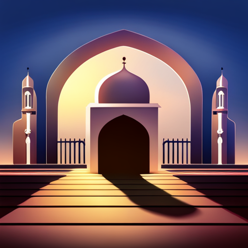 masjid symbol, border, shadow, 04:10, 7 minutes walking distance, app opening screen, time, location