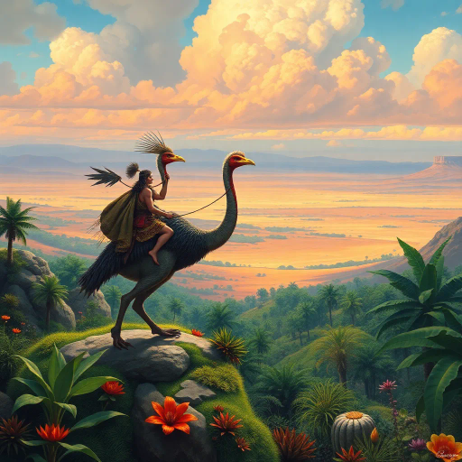 ancient warriors, clad in animal skins, riding dinosaur-like cassowaries, verdant oasis, expansive desert horizon, dynamic composition, vibrant colors, surreal landscape, Maurice Sendak, Jean Giraud, Maxfield Parrish, dramatic lighting, intricate textures, mythical narrative, exotic flora, cinematic scale, primal energy, convergence of eras, Henri Rousseau, ethereal atmosphere, whimsical creatures, adventurous mood, prehistoric visual storytelling, lavish detailing, imaginative world-building, untamed wilderness, epic scale, cultural symbolism, adventurous spirit, fantastic detailing, prehistoric times, epic storytelling, panoramic view, mythological narrative, rich textures