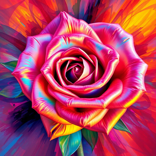 kaleidoscopic rose, vivid colors, surrealism, Salvador Dali influence, dreamlike atmosphere, vibrant hues, iridescent petals, intricate design, abstract fractals, contemporary art, expanded color spectrum, ethereal glow, luminous contrast, chromatic extravaganza, dynamic composition, fluid movements, spiritual symbolism, transcending reality, maximalist approach, radiant aura