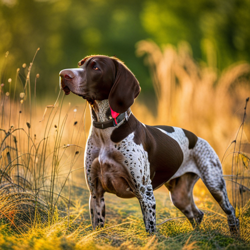 sleek, muscular, athletic, hunting dog, German bird dog, speckled coat, trained, outdoors, nature, hunting game, loyal, companion, active, energetic, intelligent, strong sense of smell, pointing, retrieving, versatile, eager to please, attentive