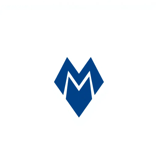 minimal M logo, perspective convergence, depth, hierarchy, solid indigo blue, geometric, modern tech design, flat vector, white background, Bauhaus influences, clean lines, symmetry, contemporary aesthetics, spatial innovation, futurism, precision, abstraction, innovative branding, structural elegance