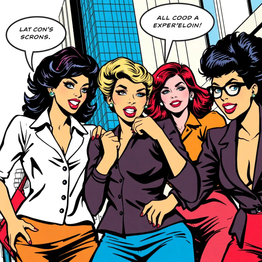 sassy women, dynamic poses, vibrant colors, bold lines, pop art influence, Roy Lichtenstein, expressive faces, modern fashion, urban setting, conversational dialogue, energetic movement, 1960s flair, graphic storytelling, exaggerated features, witty expressions, confident body language, playful mood, focused composition, contrast lighting, colorful costumes, cultural diversity, impactful scenes