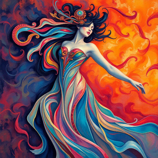 Renaissance elegance, ethereal beauty, chiaroscuro lighting, vibrant palette, emotional resonance, delicate brushstrokes, feminine grace, soft textures, Vermeer influence, serene expression, intricate details, dynamic composition, mystical aura, warm and cool contrasts, classical aesthetic, dreamlike atmosphere, flowing fabrics, cultural nuance, empowered presence, timeless portrait