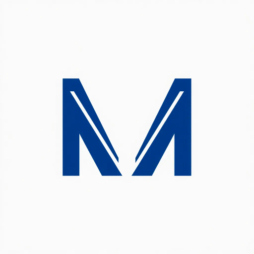 minimal M logo, perspective convergence, depth, hierarchy, solid indigo blue, geometric, modern tech design, flat vector, white background, Bauhaus influences, clean lines, symmetry, contemporary aesthetics, spatial innovation, futurism, precision, abstraction, innovative branding, structural elegance