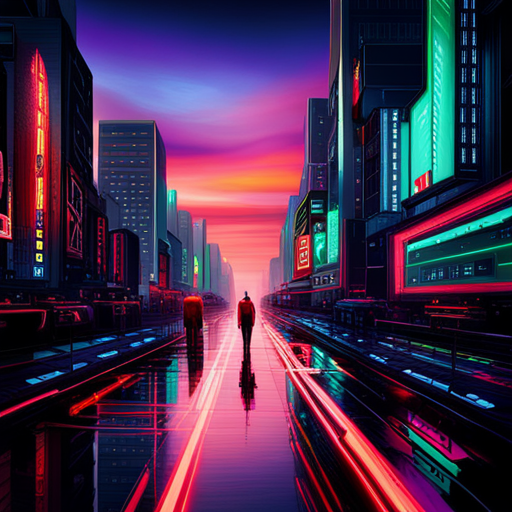 cyberpunk, neon lights, dystopian future, skyscrapers, underground society, futuristic technology, metallic textures, vibrant colors, dark alleys, advanced architecture, urban decay, digital graffiti, rebel hackers, neon signs, high-tech gadgets, underground tunnels