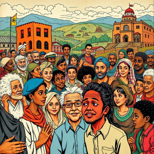 diverse society, historical references, ancient to modern, cultural tapestry, inclusivity, Norman Rockwell inspiration, pop art, vibrant colors, dynamic storytelling, community interactions, human connections, exaggerated expressions, educational themes, social awareness, narrative depth, illustrative style, detailed line work, symbolic representation, diverse landscapes, time progression, socio-political commentary, engaging atmosphere, visual dialogue, layered storytelling, rich textures, textural detail, thought-provoking, contemporary relevance, Andy Warhol, modernism, nostalgia, bold outlines, emotional resonance, juxtaposition, urban environments