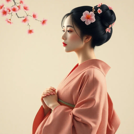 elegant Japanese woman, serene expression, traditional kimono, vibrant cherry blossoms, Hokusai-inspired waves, Edo period influence, intricate patterns, soft pastel colors, gentle brushstrokes, ukiyo-e style, atmospheric lighting, harmonious composition, cultural symbolism, tranquil mood, detailed fabric texture, natural elegance, cultural heritage, poised posture, soft focus background, immersive scene, refined color palette