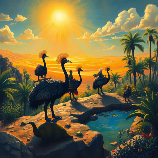 oasis landscape, desert horizon, cassowary riders resembling dinosaurs, surreal journey, Henri Rousseau, Jean Giraud, impressionist brushstrokes, vivid color palette, golden sunlight, mirage effects, dynamic composition, whimsical atmosphere, tropical vegetation, dramatic shadows, expansive horizon, cultural fusion, dreamlike scenario, detailed textures, symbolic fauna, mystic ambiance, imaginative realism, ethereal landscape, adventurous spirits, exotic wildlife, tranquil pools, exploratory perspective, ancient warriors, clad in animal skins, epic scale, vivid colors, mythological narrative, prehistoric landscape, tribal culture, intense atmosphere, surreal imagery, panoramic view, mystical aura, primal energy, textured surfaces, cinematic framing, untamed wilderness, rich detail, prehistoric warriors, wearing animal pelts, Jean Giraud influence, intricate textures, exotic flora, atmospheric depth, natural elements, storytelling composition, whimsical creatures, cultural symbolism, imaginative world-building, fantastical adventure, expressive brushstrokes, adventurous mood