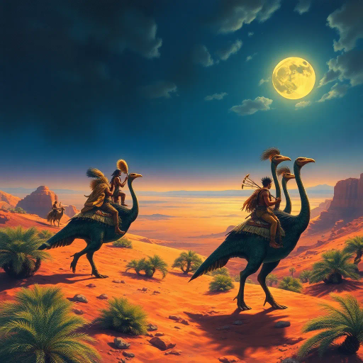 ancient warriors, animal skins, riding dinosaur-like cassowaries, oasis setting, desert horizon, dramatic lighting, Jean Giraud, surrealism, prehistoric landscape, tribal culture, intense atmosphere, panoramic view, mystical aura, primal energy, textured surfaces, cinematic framing, adventurous spirit, untamed wilderness, rich detail, Maurice Sendak, Maxfield Parrish, vibrant colors, paleontological fantasy, prehistoric flora, cinematic scale, ancient mythology, Salvador Dali, illusionary shapes, Mesopotamian influence, mythical creatures, epic storytelling, dreamlike atmosphere, lavish detailing, exotic landscape, time-travel themes
