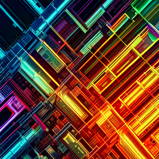 futuristic, artificial intelligence, data visualization, maximalism, neon colors, generative art, technology, complex patterns, glitch art, cyberpunk, machine learning, wires and circuits, abstract expressionism