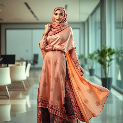 Arab woman, elegant hijab, professional setting, modern workplace, high heels, Middle Eastern culture, contemporary art, intricate patterns, vibrant colors, soft lighting, dynamic pose, cultural expression, delicate fabrics, office environment, confident demeanor, sophisticated fashion, grace and poise, diverse representation, cultural fusion, empowerment, modernism, Impressionism influences, human form, balance and harmony, Henri Matisse, modern elegance, intricate textile patterns, vibrant aesthetic, global influence, artistic expression, dignity and strength, atmospheric composition, elegant lines, harmonious palette, seamless integration, modern artistry