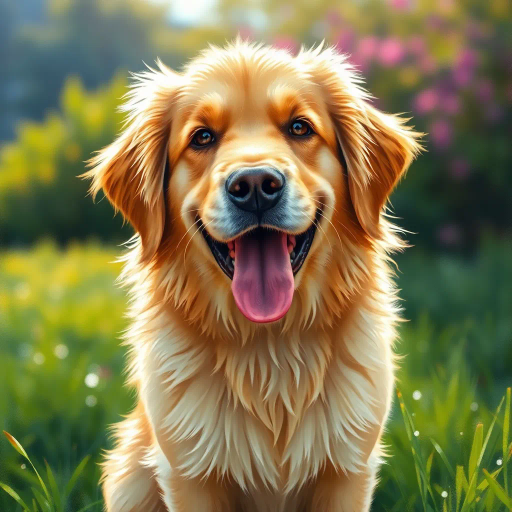 golden retriever, fluffy, joyful expression, vibrant colors, golden fur, intricate detail, dynamic pose, playful scene, sunlight, warm tones, impressionist brushwork, detailed textures, Thomas Kinkade inspiration, contemporary realism, outdoor setting, lush background, cheerful mood, morning dew, soft focus, oil paint textures, emotive gaze, lively atmosphere, natural environment, pastoral, friendly demeanor, glowing sunlight, serene harmony, radiant joy, gentle brushstrokes, verdant pastures, luminous highlights, captivating realism, serene tranquility, idyllic landscape, expressive detail