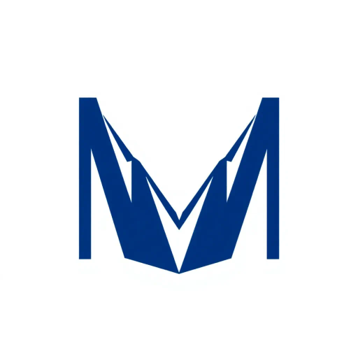 geometric design, lettermark logo, abstract composition, bold parallel strokes, V-shaped bridges, hierarchy levels, indigo blue, minimalistic vector art, flat design, clean lines, stark contrast, modern typography, precise angles, architectural influence, symmetry, spatial arrangement, contemporary aesthetics, visual hierarchy, white negative space, simplicity, structural balance