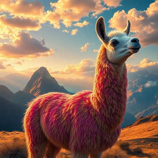 majestic llama, Andes mountains, vibrant colors, magical realism, intricate details, surreal landscape, golden hour lighting, textured fur, mystical aura, sweeping vistas, dynamic composition, ethereal clouds, cultural richness, Gabriel García Márquez influence, dreamlike atmosphere, gentle movement, whimsical charm, enchanting presence, intricate patterns, rich symbolism, warm tones, expansive terrain, mythical quality, impressionistic touch, imaginative narrative