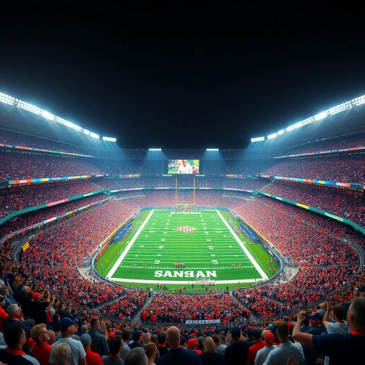 majestic, football stadium, panoramic view, vibrant energy, modern architecture, vast crowd, immersive atmosphere, dynamic lighting, vivid colors, iconic sports venue, dramatic sky, high-detailed textures, lively movement, cultural spectacle, wide-angle perspective, epic scale, contemporary design, exhilarating moment, sporting tradition, architectural grandeur
