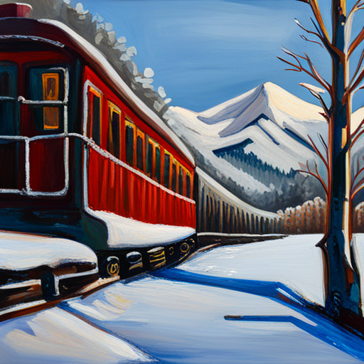 snowy day, train, Kees Maks, oil on canvas, deviantart, figurative art, detailed painting, acrylic art, impressionism, winter landscape, Dutch artist, snowy scenery, realistic portrayal, brushstrokes, color palette, atmospheric perspective, capturing light, snowy environment, locomotive, transportation, snowy landscape, snowy scene, winter season, frozen landscape