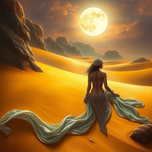 Arabian nights, desert oasis, vibrant colors, Henri Matisse, flowing fabrics, intricate patterns, sunlight reflections, ethnic motifs, modernist approach, serene and poised, cultural fusion, delicate textures, rhythmic lines, sensual elegance, warm earthy tones, exotic allure, mystical ambiance, artistic interpretation, contemporary flair, historical influences, juxtaposition of tradition and modernity
