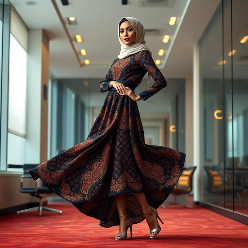 elegant Arab woman, sophisticated hijab, modern workplace, professional attire, high heels, Middle Eastern influence, contemporary art, intricate patterns, vibrant colors, soft lighting, dynamic pose, Impressionism influences, delicate fabrics, confident and empowering presence, cultural expression, diverse representation, cultural fusion, modernism, grace and poise, harmony, balance, cultural narrative, advanced digital techniques, refined textures, bold symbolism, inspired by Gustav Klimt, Art Nouveau elegance, surreal lighting, empowered femininity, rich textures, fluid movement, intricate details, cultural symbolism, confident aura, dynamic composition