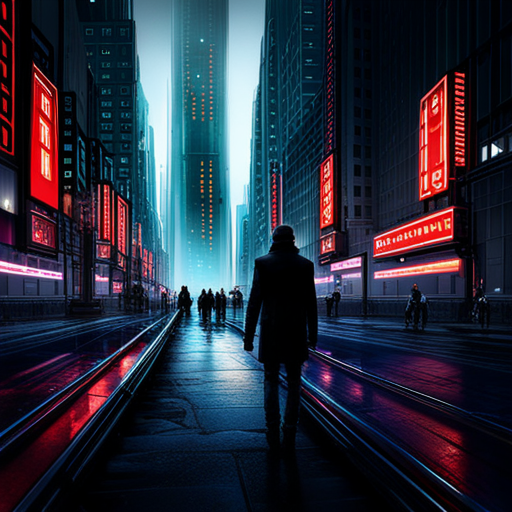 cyberpunk, neon lights, dystopian architecture, futuristic technology, urban sprawl, glowing signs, dark alleys, hi-tech skyscrapers, artificial intelligence, flying vehicles, metallic surfaces, digital graffiti, vibrant colors, shadowy figures, electronic music, surveillance cameras