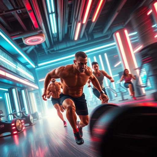 dynamic movement, energy, futuristic architecture, neon lighting, ultra-modern gym equipment, hyper-realistic textures, vibrant colors, sleek design, contour lines, muscular forms, athletic figures, realism and abstraction, futuristic atmosphere, influence of Blade Runner, energetic mood, powerful composition, immersive environment, precision and balance, athleticism, strength and intensity, high-tech ambience, streamlined aesthetics, bold lines, shadows and highlights, cutting-edge technology, motion, speed, and agility