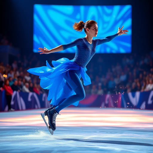 olympic figure skating contestant, dynamic movement, ethereal grace, blue contest suit, luminous blue background, expressive spectators, vivid colors, high contrast, fluid motion, contemporary elegance, cinematic lighting, detailed textures, harmony and balance, vibrant energy, artistic choreography, impressionist influences, audience engagement, atmospheric depth, radiant glow, modern spectacle, visual storytelling, energetic composition, intricate details, emotional resonance