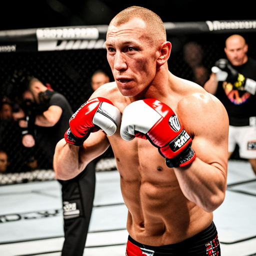 A black and white portrait of Georges St-Pierre, taken from a low angle, emphasizing his intense facial expression and muscular build. The lighting is dramatic, with deep shadows and stark highlights, creating a sense of both danger and power. The background is blurred out, with only a hint of a boxing ring visible, suggesting that GSP is fully focused on the fight ahead. The composition is asymmetrical, with GSP positioned off-center, but his gaze firmly towards the viewer. The only visible texture is the fine grain of the film, reminiscent of classic boxing photography.