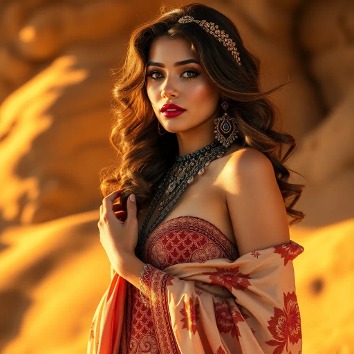 charismatic Arabian beauty, sensual mystique, desert elegance, minimalistic sultry design, vibrant colors, curvilinear shapes, evocative allure, oriental patterns, warm golden hues, shimmering textures, exotic grace, harmonious symmetry, playful yet tasteful, contemporary allure, intimate ambiance, timeless allure, seductive pose, lively movement, sun-kissed skin, alluring perspective, cultural richness, exquisite detail, sensual sophistication, fantasy-like aura