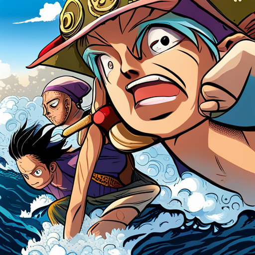 One Piece characters, vibrant colors, dynamic poses, action-packed scenes, epic battles, pirate adventure, intricate details, exaggerated proportions, comic book style, high energy, Shonen manga, unique character designs, emotional expressions, oceanic themes, devil fruits, straw hats, grand line, marine admirals, Yonko, character development, friendship, loyalty, dreams, determination, epic storytelling, large ensemble cast, mythical creatures, supernatural powers, vibrant animation