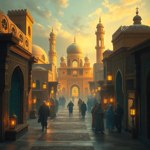 Middle Eastern culture, Arabian Nights, calligraphy, vibrant colors, intricate patterns, desert landscapes, rich textures, luminous lighting, storytelling, ancient traditions, mysticism, ornate architecture, cultural heritage, dynamic movement, spirituality, exotic settings, golden hues, atmospheric depth, harmony, elegance, timeless allure, oriental influences, historical resonance, enchanting ambiance, visual poetry, imaginative realms
