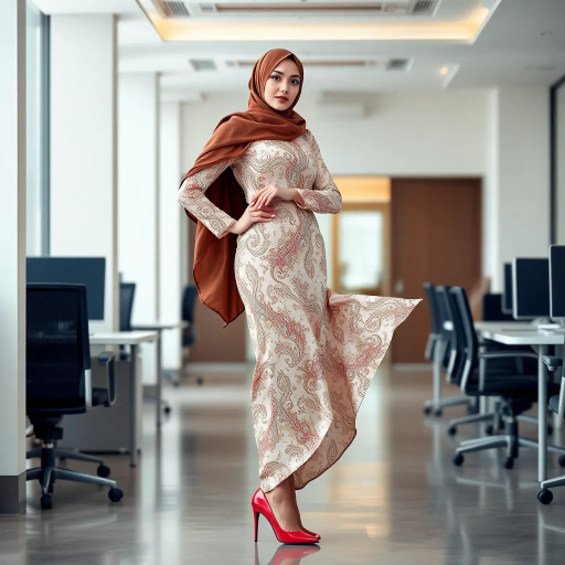 elegant Arab woman, professional attire, modern workplace, high heels, Middle Eastern influence, contemporary art style, intricate patterns, vibrant color palette, soft ambient lighting, cultural expression, dynamic posing, delicate textiles, confidence, empowerment, sophistication, grace, diverse cultural representation, cultural fusion, impressionism influences, human form depiction, balance and harmony, dynamic office environment, elegance, poise, detailed craftwork, modernism, cultural narrative, harmonious composition, vibrant textures