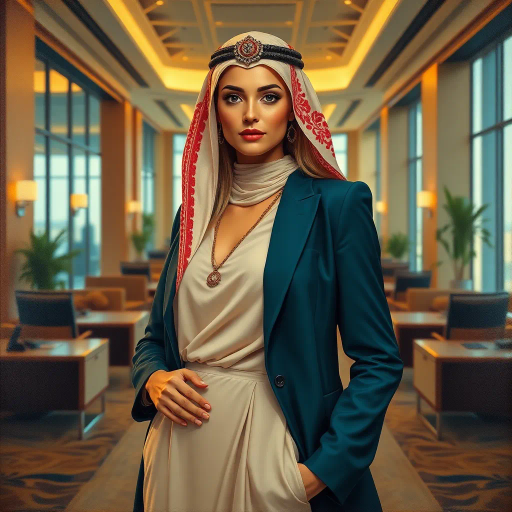 elegant arabic woman, professional environment, subtle sensuality, intricate patterns, warm lighting, modern realism, Richar Estes influences, workplace dynamics, cultural elegance, sophisticated attire, soft textures, confident pose, balanced composition, vibrant arabesque motifs, middle eastern influences, contemporary setting, expressive emotions, corporate atmosphere, refined color palette, serene demeanor, detailed portraiture