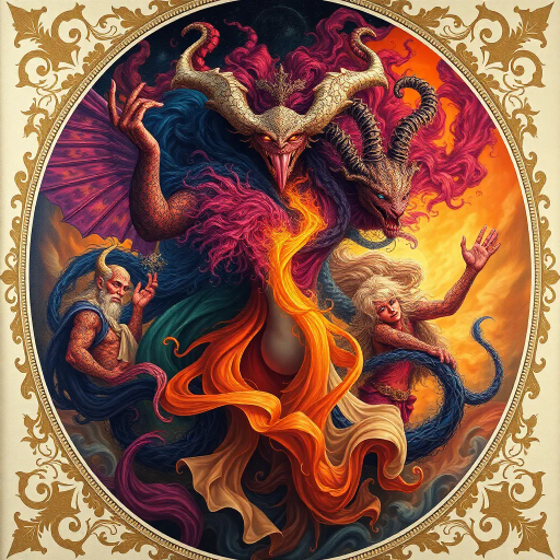 surrealism, vibrant characters, exaggerated forms, mythical beauty, ethereal lighting, dramatic composition, intricate patterns, renaissance influences, warm tones, dreamlike textures, acrylic paint, chiaroscuro, enchanting mood, fluid movement, baroque elegance, cosmic scale, artistic symbolism, cultural mythology, ornamental framing, flowing curves, intense detail, imaginative presentation