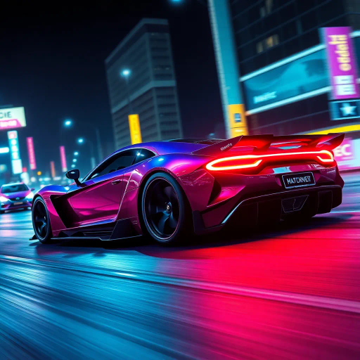 futuristic car design, sleek lines, chrome finish, vibrant neon highlights, dramatic lighting, dynamic movement, aerodynamic shape, retro-futurism, precision engineering, urban environment, concept art, high-tech materials, hyper-realistic detailing, modern aesthetics, speed and agility, metallic textures, ambient atmosphere, avant-garde composition, illuminated cityscape, art deco influences