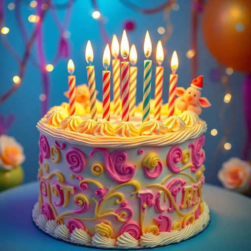 vivid birthday cake, intricate details, vibrant colors, surrealism, whimsical, dream-like, fantastical elements, splashes of paint, soft glow, celebratory mood, contemporary, dynamic composition, pastel hues, icing texture, multicolored sprinkles, playful elements, multi-layered structure, high contrast, delicate frosting, creative presentation, joyful ambiance, artistic flair, imaginative design, cake artistry, festive atmosphere, imaginative presentation, dynamic movement, Salvador Dali, Marc Chagall, pop-art influences, ethereal lighting, impressionistic brushstrokes, dream-like textures, visual harmony, chromatic splendor, joyous expression, cultural festivities, artistic visionary, enchanting scene