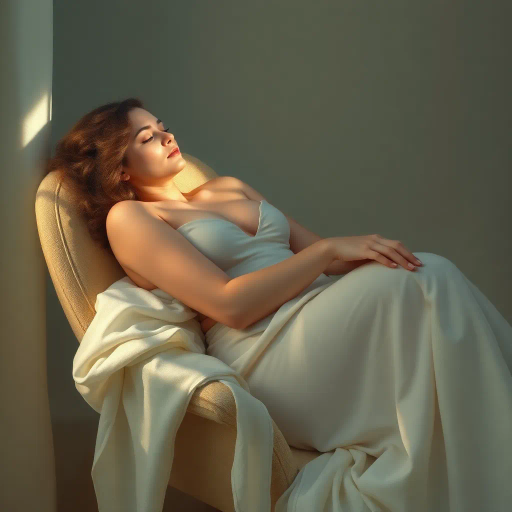tranquil scene, woman, sleeping, seated on chair, delicate posture, soft ambient light, serene expression, gentle repose, impressionist touch, pastel colors, dreamlike atmosphere, elegant curves, calming mood, ethereal glow, romanticism, calm tranquility, subtle shadows, relaxed muscles, atmospheric depth, peaceful dreamscape, soothing composition, reposed stillness, intimate setting, classical influence, fine details, harmonious balance, reflective bliss, soothing aura