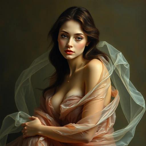 Renaissance, surrealism, ethereal elegance, chiaroscuro lighting, muted pastels, oil paint texture, Botticelli, Dali, delicate translucence, female form, elegance, dreamlike atmosphere, baroque curves, intimate portrait, flowing drapery, softness, timeless allure, serene expression, modern interpretation, cultural fusion, emotive gaze, gentle movement, classic composition, symbolic beauty, illuminated silhouette, harmonious balance, poised stance
