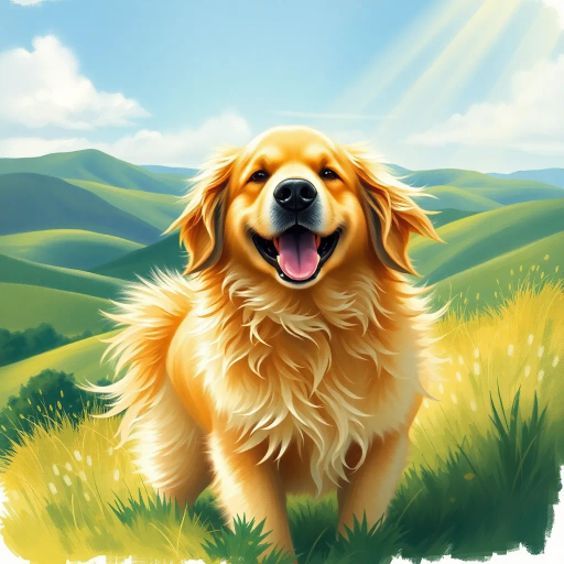 fluffy golden retriever, joyful expression, sunlight streaming, rolling hills, vibrant greens, John Singer Sargent, Impressionist influences, gentle breeze, pastel hues, dynamic movement, idyllic scenery, rich textures, playful energy, golden radiance, natural setting, lifelike fur detail, soft focus, atmospheric perspective, cheerful mood, nature's harmony, artistic tranquility