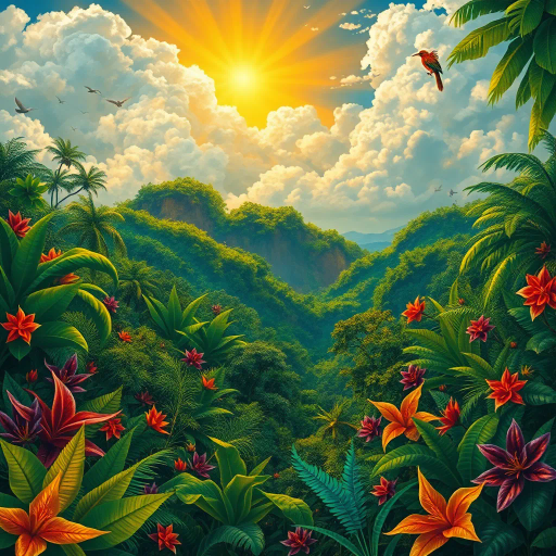 vivid rainforests, carnival atmosphere, vibrant colors, intricate details, lush foliage, rich cultural heritage, magical realism, Brazilian landscape, surreal clouds, tropical wildlife, Henri Rousseau influence, rhythmic movement, radiant sunlight, festive mood, intricate patterns, exotic birds, mythical elements, celebratory spirit, tropical flora, samba rhythm, enchanting scenery, fantastical landscapes, enigmatic jungles, dreamlike vistas, tropical fantasy, artistic whimsy, vivid imagination, cultural symbolism, exuberant nature, festive expressions, tropical festivity