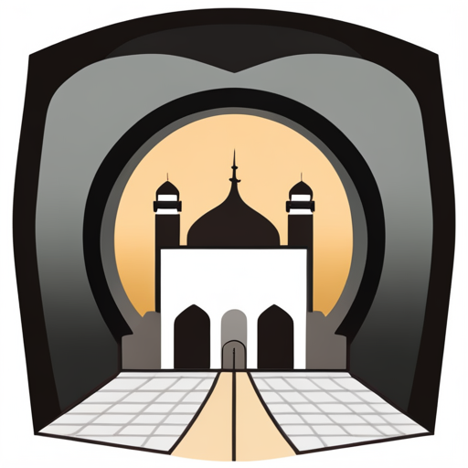 symbolic masjid, rounded border, border shadow, clock, time 04:10, caption, 7 minutes walking distance