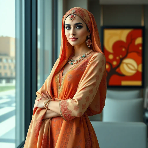 elegant Arab woman, contemporary fashion, hijab, professional attire, modern workplace, high heels, Middle Eastern influence, vibrant colors, soft ambient lighting, dynamic posing, cultural expression, delicate textiles, confident and empowering presence, sophisticated grace, diverse cultural representation, fusion of modern and traditional elements, cultural fusion, empowerment and poise, Impressionism influences, Gustav Klimt inspiration, Art Nouveau elegance, intricate patterns, intricate detailing, vibrant color palette, symbolic attire, office environment, balance and harmony, dynamic composition, surreal lighting, cultural narrative, refined textures, bold symbolism, artistic influences, multicultural dialogue, striking balance, expressive realism, innovative representation, unique fashion, delicate balance, harmonious color palette