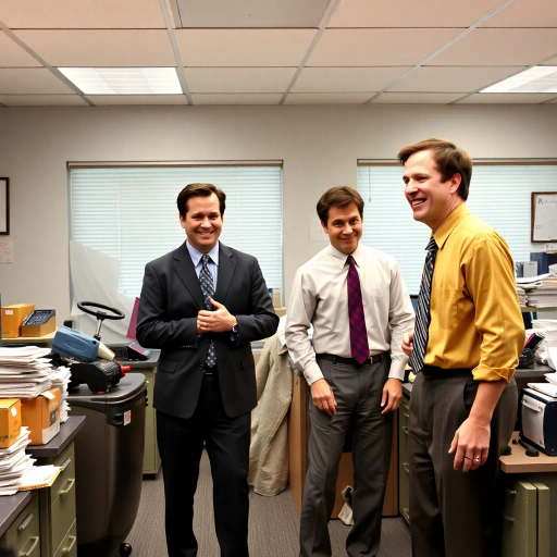 satirical, workplace comedy, 2000s television, vibrant characters, humorous interactions, Michael Scott, Jim Halpert, Dwight Schrute, sardonic wit, office dynamics, banter, mundane setting, Scranton, paper company, unconventional storytelling, ensemble cast, mockumentary style, Steve Carell, quirky relationships, deadpan humor, varied personalities, narrative arcs, expressive body language, exaggerated emotions, bright lighting, cheerful ambiance, subtle social commentary, scenographic composition