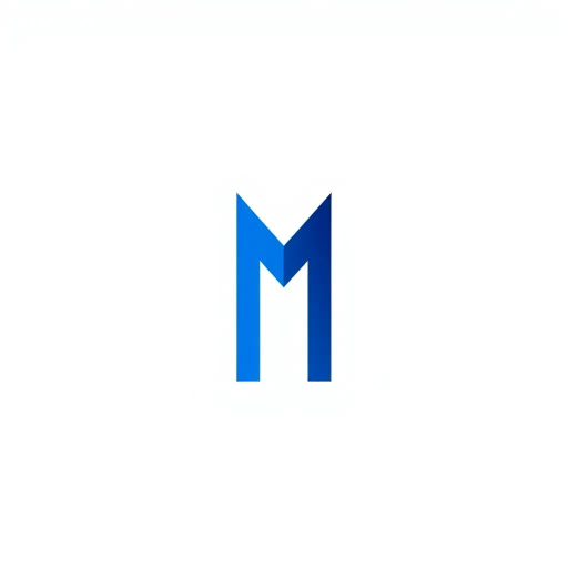 minimal M logo, perspective convergence, depth, hierarchy, solid indigo blue, geometric, modern tech design, flat vector, white background, Bauhaus influences, clean lines, symmetry, contemporary aesthetics, spatial innovation, futurism, precision, abstraction, innovative branding, structural elegance