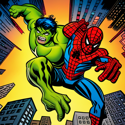 Hulk, Spiderman, superhero, action, Marvel Comics, vibrant colors, dynamic composition, bold lines, dramatic lighting, intense emotions, muscular figures, powerful poses