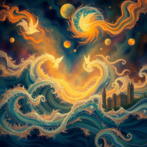 harmony of the spheres, ethereal symphony, aurora borealis, music visualization, cosmic resonance, abstract expressionism, vibrant chroma, Kandinsky influences, flowing melodies, celestial orchestra, dreamlike atmosphere, surreal landscapes, harmonious rhythms, visual synesthesia, universal connection, luminous colors, ethereal light, transcendental experience, spiritual awakening, dimensional journey, divine soundscape, poetic emotion