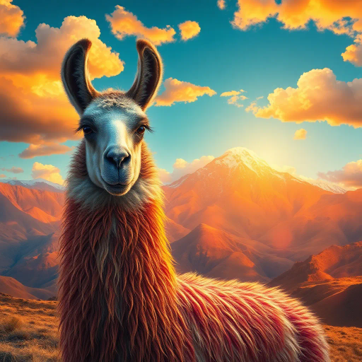 majestic llama, Andes mountains, vibrant colors, magical realism, intricate details, surreal landscape, golden hour lighting, textured fur, mystical aura, sweeping vistas, dynamic composition, ethereal clouds, cultural richness, Gabriel García Márquez influence, dreamlike atmosphere, gentle movement, whimsical charm, enchanting presence, intricate patterns, rich symbolism, warm tones, expansive terrain, mythical quality, impressionistic touch, imaginative narrative