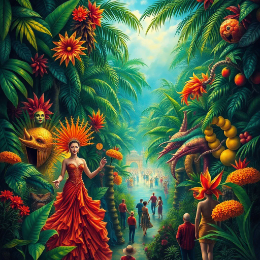 vibrant carnival, amazon jungle, lush greenery, rich cultural tapestry, Carmen Miranda, surrealism, tropical hues, dynamic movement, rhythmic energy, expressive colors, intricate patterns, lively street scenes, samba dancers, exotic wildlife, atmospheric perspective, detailed textures, magical realism, cultural diversity, spirited festivities, radiant sunlight, complex compositions, whimsical elements, bold palettes, mystical atmosphere, fantastical landscapes, tropical flora and fauna