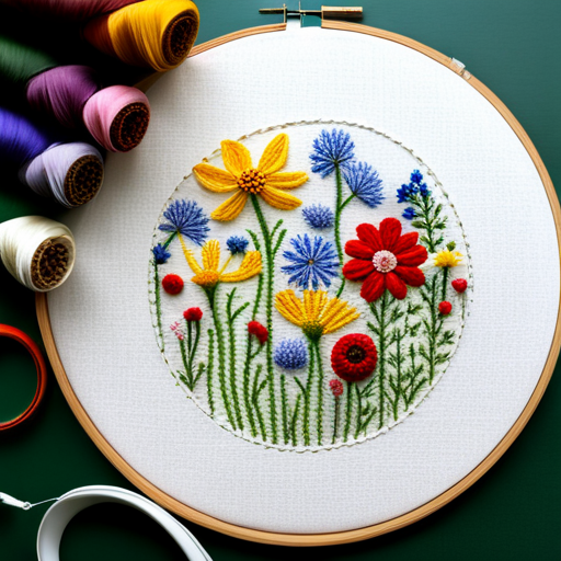 embroidery, pattern, wildflower meadow, delicate stitches, intricate detailing, vibrant colors, nature-inspired, textile art, organic shapes, traditional craft, vintage aesthetic, botanical elements, floral composition, intricate patterns, artistic embellishments, meadow grass, lush foliage, fine craftsmanship