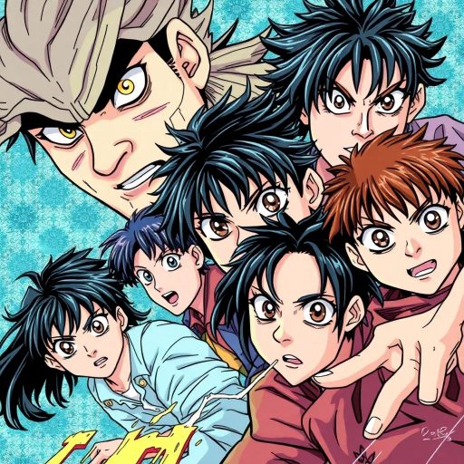 dynamic characters, intricate costumes, vibrant energy, vivid emotion, bold lines, expressive eyes, dramatic angles, energy bursts, vibrant colors, stylized action, cultural references, fantastical elements, modern storytelling, fluid motion, intense drama, character evolution, narrative depth, vibrant landscapes, animated world, stylistic exaggeration, Manga influences, deep shadows, contrasting tones, dynamic composition