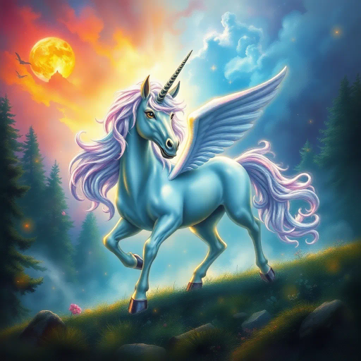 mythical creature, unicorn, ethereal landscape, dreamlike atmosphere, vibrant colors, iridescent mane, mystical aura, Arthur Rackham, enchanted forest, glowing ambiance, rainbow spectrum, fantasy illustration, luminosity, whimsical mood, majestic presence, surreal elements, mythical symbolism, intricate details, romanticism, imaginative composition, fantastical realism, narrative depth, magical realism, fluid lines, timeless charm